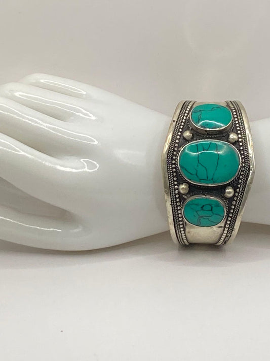 Antique Handmade Afghan Turquoise Bracelet - Vintage 3-Stone Jewellery, Turquoise Gemstones, Unique Artisan, Bohemian Style Gift"