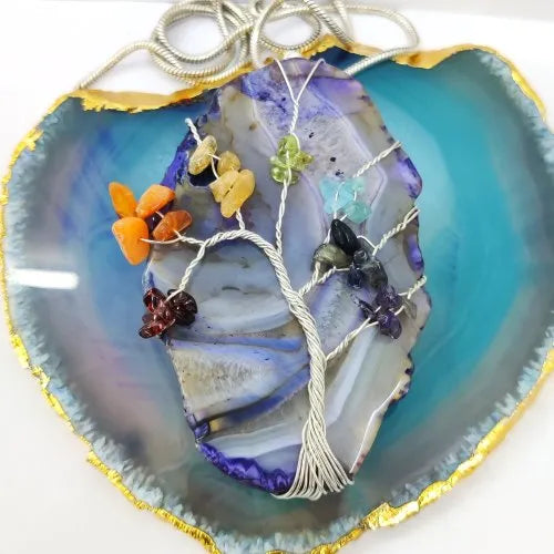 Blue Agate Coaster Slice Tree of life Pendant | Each Piece is Made on Order