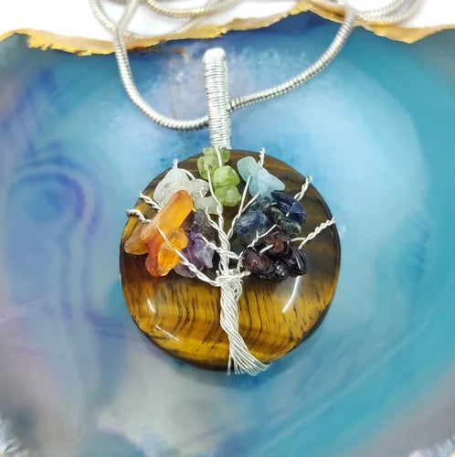 Handcrafted Tiger Eye 7-Chakra Tree of Life Pendant | Only made on Order