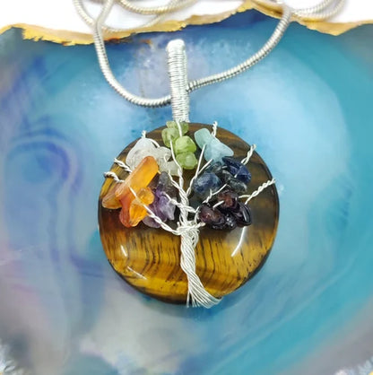 Handcrafted Tiger Eye 7-Chakra Tree of Life Pendant | Only made on Order