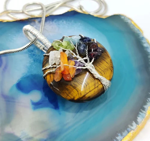 Handcrafted Tiger Eye 7-Chakra Tree of Life Pendant | Only made on Order